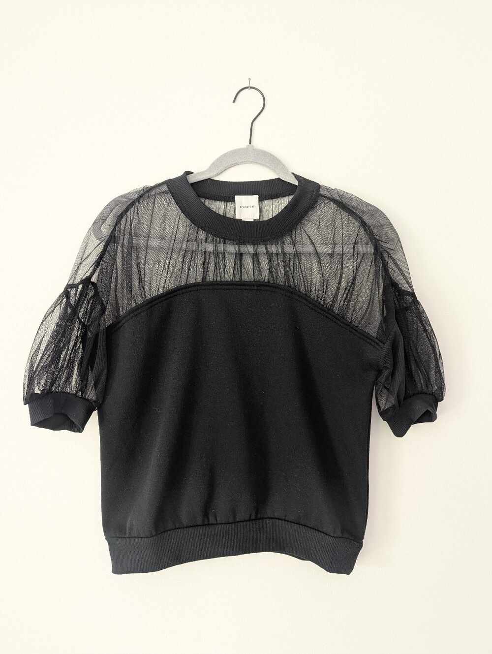 Maeve Anthropologie Short-Sleeve Sheer-Inset Knit Top Black - Picture 4 of 12